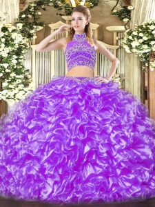 Graceful Lavender Two Pieces High-neck Sleeveless Tulle Floor Length Backless Beading and Ruffles Ball Gown Prom Dress