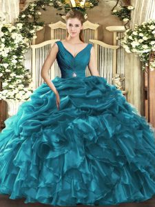Teal Ball Gowns V-neck Sleeveless Organza Floor Length Backless Beading and Ruffles Sweet 16 Dress