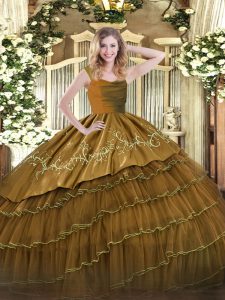 Most Popular Brown Straps Neckline Embroidery and Ruffled Layers Ball Gown Prom Dress Sleeveless Zipper