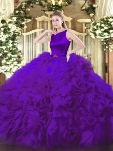 Purple Sleeveless Fabric With Rolling Flowers Clasp Handle Sweet 16 Dress for Military Ball and Sweet 16 and Quinceanera