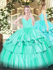 Floor Length Zipper Quinceanera Gown Turquoise for Military Ball and Sweet 16 and Quinceanera with Ruffled Layers