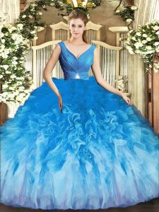 Romantic Tulle V-neck Sleeveless Backless Beading and Ruffles Sweet 16 Quinceanera Dress in Multi-color
