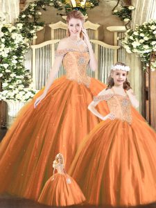 Ball Gowns 15th Birthday Dress Orange Red Off The Shoulder Tulle Sleeveless Floor Length Lace Up