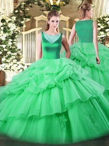 Hot Sale Apple Green Ball Gowns Beading and Appliques and Pick Ups Quinceanera Gown Side Zipper Organza Sleeveless Floor Length