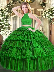 Green Sleeveless Organza Backless Vestidos de Quinceanera for Military Ball and Sweet 16 and Quinceanera