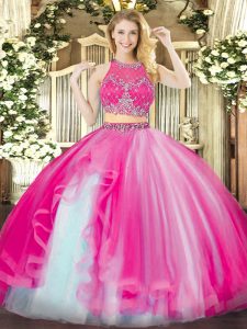 Glorious Organza Scoop Sleeveless Zipper Beading and Ruffles Ball Gown Prom Dress in Hot Pink