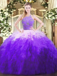 Fantastic Multi-color Ball Gowns Halter Top Sleeveless Tulle Floor Length Zipper Beading and Ruffles Quinceanera Dress