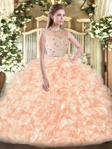 Peach Sleeveless Floor Length Beading and Ruffles Zipper Ball Gown Prom Dress