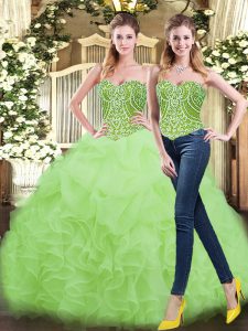 Floor Length Lace Up 15 Quinceanera Dress Yellow Green for Military Ball and Sweet 16 and Quinceanera with Beading and Ruffles
