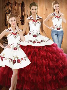 Flare Halter Top Sleeveless Quinceanera Dresses Floor Length Embroidery and Ruffled Layers Wine Red Organza