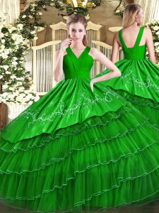 Green Sleeveless Embroidery and Ruffled Layers Floor Length Quinceanera Dress