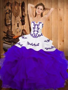 Custom Fit Floor Length Ball Gowns Sleeveless White And Purple Quince Ball Gowns Lace Up