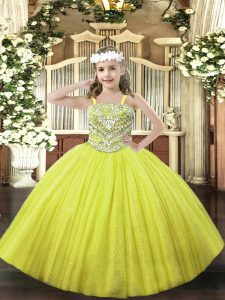 Floor Length Yellow Pageant Gowns For Girls Straps Sleeveless Lace Up