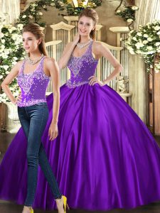 On Sale Beading Sweet 16 Dresses Purple Lace Up Sleeveless Floor Length