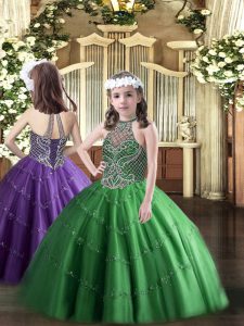 Green Ball Gowns Tulle Halter Top Sleeveless Beading Floor Length Lace Up Pageant Dresses