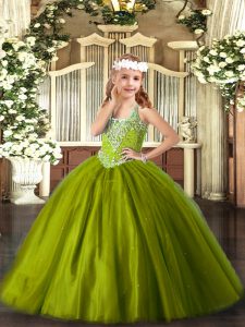 Customized Olive Green V-neck Lace Up Beading Glitz Pageant Dress Sleeveless