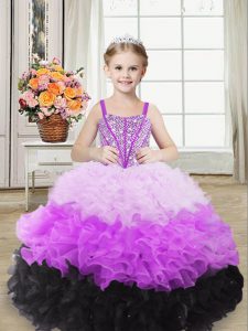 Multi-color Straps Lace Up Beading and Ruffles Kids Formal Wear Sleeveless