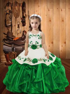 Straps Sleeveless Girls Pageant Dresses Floor Length Embroidery and Ruffles Green Organza