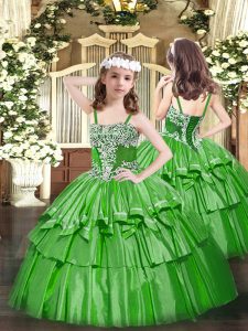 Green Ball Gowns Organza Straps Sleeveless Appliques and Ruffled Layers Floor Length Lace Up Girls Pageant Dresses