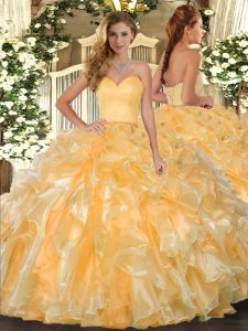 Beautiful Gold Sweetheart Neckline Beading and Ruffles Quinceanera Dress Sleeveless Lace Up