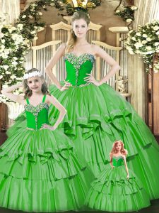 Green Sweetheart Lace Up Beading and Ruffled Layers Quince Ball Gowns Sleeveless