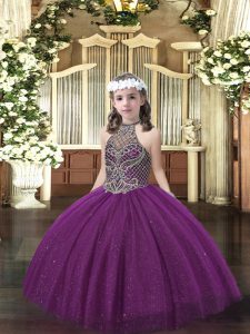 Dark Purple Ball Gowns Halter Top Sleeveless Tulle Floor Length Lace Up Beading Glitz Pageant Dress