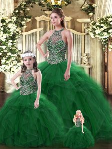 Dark Green Tulle Lace Up Vestidos de Quinceanera Sleeveless Floor Length Beading and Ruffles
