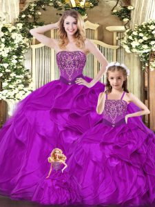 Fuchsia Ball Gowns Beading and Ruffles Quinceanera Gowns Lace Up Organza Sleeveless Floor Length