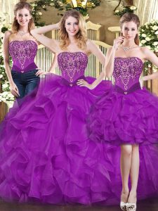 Graceful Purple Sweetheart Neckline Beading and Ruffles Ball Gown Prom Dress Sleeveless Lace Up