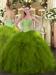 Olive Green Sleeveless Beading and Ruffles Floor Length Quince Ball Gowns