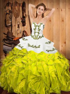 Exquisite Yellow Green Ball Gowns Strapless Sleeveless Satin and Organza Floor Length Lace Up Embroidery and Ruffles 15th Birthday Dress
