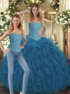 Vintage Floor Length Teal Quinceanera Gowns Sweetheart Sleeveless Lace Up