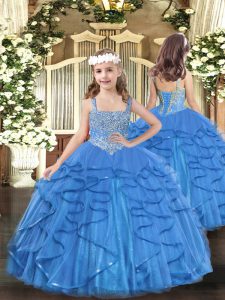 Eye-catching Beading and Ruffles Little Girl Pageant Dress Baby Blue Lace Up Sleeveless Floor Length