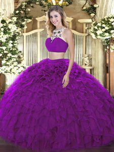 Delicate Purple Sleeveless Beading and Ruffles Floor Length Quinceanera Gowns