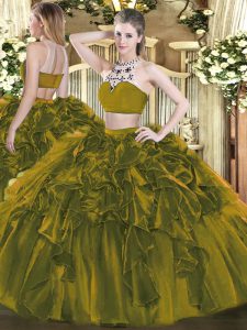 Floor Length Olive Green 15th Birthday Dress Tulle Sleeveless Beading and Ruffles
