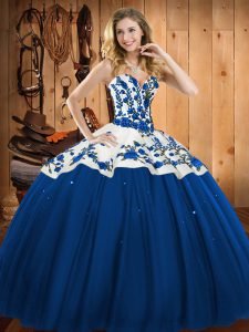 High Quality Satin and Tulle Sweetheart Sleeveless Lace Up Embroidery Quince Ball Gowns in Blue