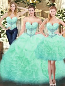 Comfortable Floor Length Lace Up Quince Ball Gowns Apple Green for Military Ball and Sweet 16 and Quinceanera with Beading and Ruffles