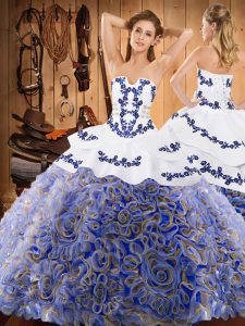 Fitting Multi-color Satin and Fabric With Rolling Flowers Lace Up Strapless Sleeveless With Train Sweet 16 Quinceanera Dress Sweep Train Embroidery