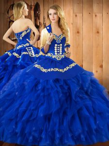 Satin and Organza Sweetheart Sleeveless Lace Up Embroidery and Ruffles Quinceanera Dress in Blue