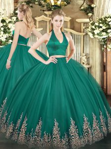 Superior Dark Green Two Pieces Tulle Halter Top Sleeveless Appliques Floor Length Zipper Quince Ball Gowns