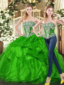 Spectacular Green Sleeveless Floor Length Beading and Ruffles Lace Up 15th Birthday Dress