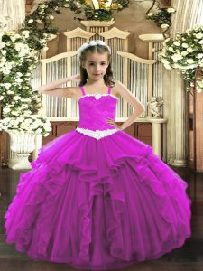 Eye-catching Fuchsia Ball Gowns Appliques and Ruffles Little Girl Pageant Gowns Lace Up Tulle Sleeveless Floor Length