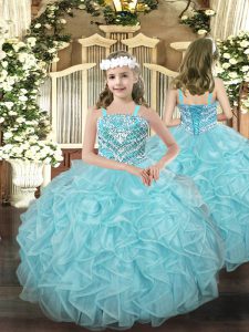 Classical Straps Sleeveless Lace Up Little Girl Pageant Gowns Light Blue Organza
