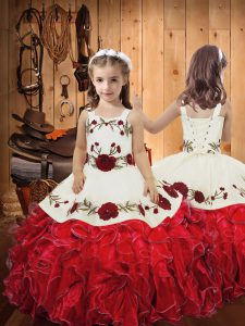 Red Sleeveless Embroidery and Ruffles Floor Length Child Pageant Dress