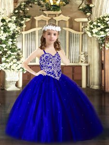 Trendy Royal Blue Ball Gowns Beading Little Girl Pageant Gowns Lace Up Tulle Sleeveless Floor Length
