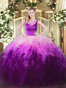 Tulle Scoop Sleeveless Zipper Beading and Ruffles 15th Birthday Dress in Multi-color