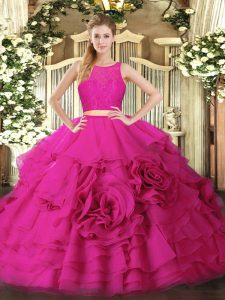 Scoop Sleeveless Sweet 16 Dresses Floor Length Ruffles Hot Pink Tulle