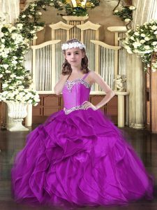 Floor Length Fuchsia Girls Pageant Dresses Straps Sleeveless Lace Up