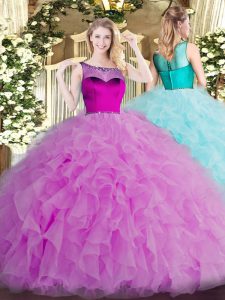 Colorful Organza Scoop Sleeveless Zipper Beading and Ruffles Quinceanera Gowns in Lilac