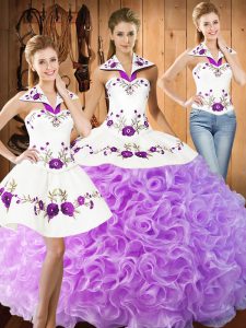 Three Pieces Quinceanera Dress Lilac Halter Top Fabric With Rolling Flowers Sleeveless Floor Length Lace Up